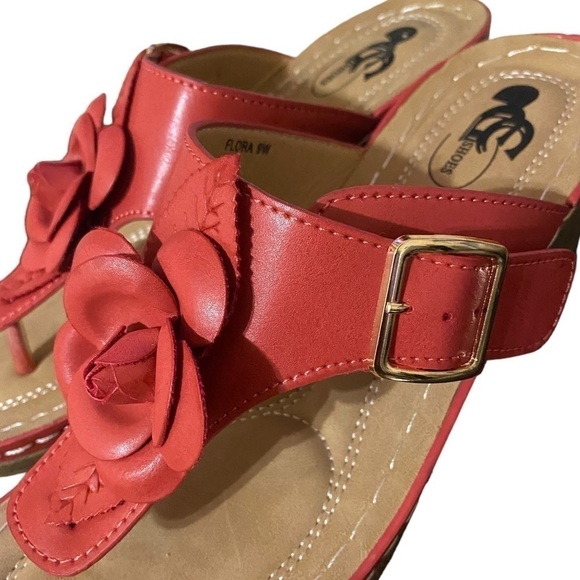 GC Sydney Rosette Padded Thong Wedge Sandals, Women’s 9W Coral NWOT - Picture 4 of 13